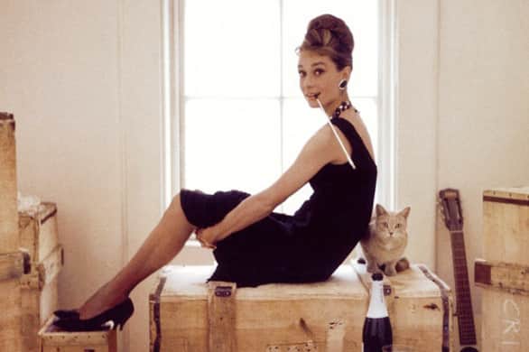 Audrey Hepburn in black kitten heels in her iconic role as Holly Golightly in Breakfast at Tiffanys