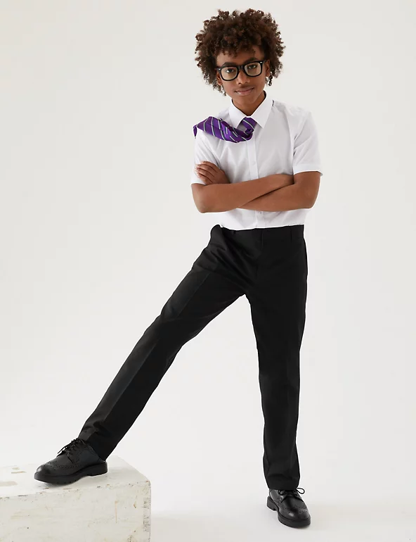 Boys Black Charcoal Grey Navy Blue Slim Fit School Trousers Adjustable Waist Age 3-18 Years