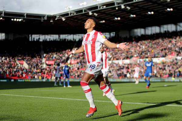 Jacob Brown of Stoke City celebrates scoring the opening goal during the Sky Bet Championship match between Stoke City and Cardiff City at Bet365 Stadium on October 30, 2021