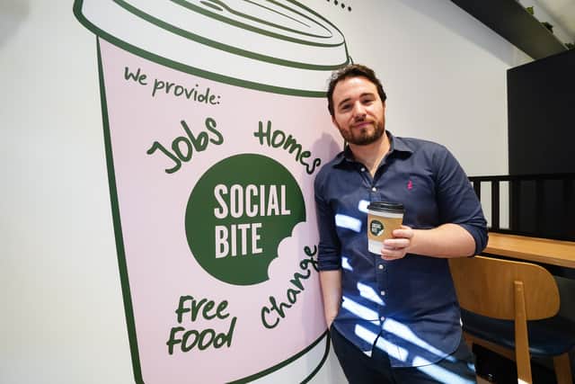 Josh Littlejohn at the launch of Social Bite's first coffee shop in England on The Strand in central London.