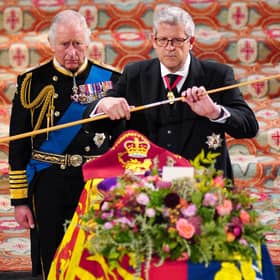 King Charles III looked on as the Lord Chamberlain conducted the Wand of Office at Queen Elizabeth II’s Committal service.
