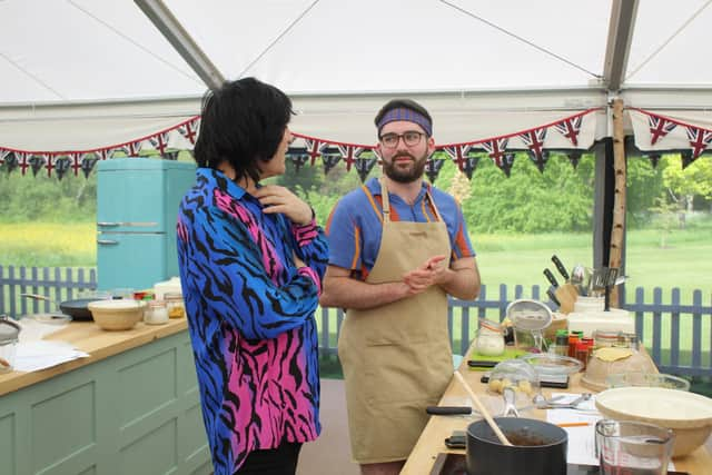 Noel Fielding quizzes James Dewar in the Bake Off tent. Image: Channel 4