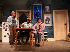  Jessica Whitehurst as Anita, Wayne Rollins as Vince and Josephine Melville as Maggie in Nine Night at Leeds Playhouse. Picture: by Sharron Wallace