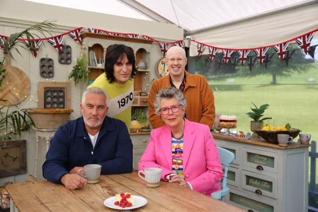 Noel Fielding and Matt Lucas stood behind Paul Hollywood and Prue Leith. Image: Channel 4