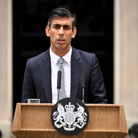 British Prime Minister Rishi Sunak makes a statement after taking office outside Number 10 in Downing Street on October 25, 2022 in London, England. Rishi Sunak will take office as the UK's 57th Prime Minister today after he was appointed as Conservative leader yesterday. He was the only candidate to garner 100-plus votes from Conservative MPs in the contest for the top job. He said his aim was to unite his party and the country. (Photo by Leon Neal/Getty Images)