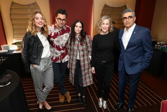 The cast of Schitt’s Creek the CBC show in which Emily Hampshire played Stevie Budd from 2015-20.