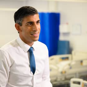 Prime Minister Rishi Sunak speaks with members of the media as he visits Croydon University hospital on October 28.