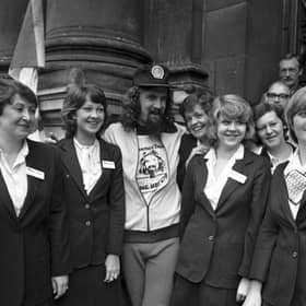 Scottish entertainer Billy Connolly leaves Glasgow on a sponsored cycle ride to Inverness in August 1980. 