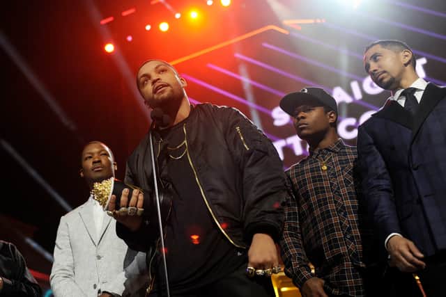 L-R) Actors Corey Hawkins, O'Shea Jackson Jr., Jason Mitchell and Neil Brown Jr. accept the True Story award for 'Straight Outta Compton' onstage during the 2016 MTV Movie Awards