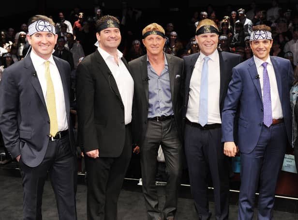 <p>(L-R) Filmmakers Jon Hurwitz and Hayden Schlossberg actor Billy Zabka, filmmaker Josh Heald, and actor Ralph Macchio will be shutting the doors of the dojo as Cobra Kai comes to an end (Credit: Getty Images)</p>