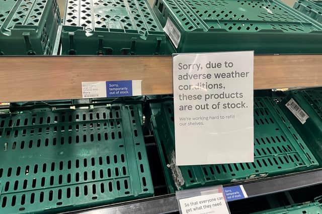 Empty shelves are seen in the fruit and vegetable aisles of a Tesco supermarket on February 22, 2023 in Burgess Hill.