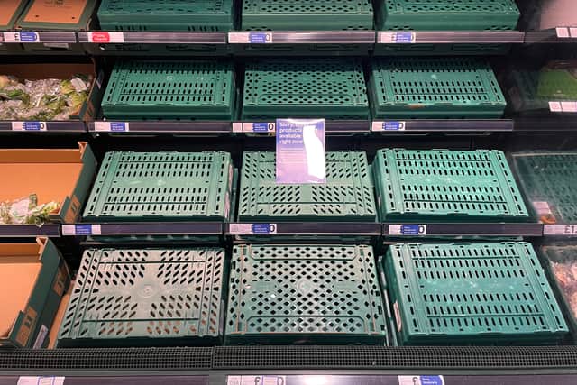 Empty shelves are seen in the fruit and vegetable aisles of a Tesco supermarket on February 22, 2023 in Burgess Hill.
