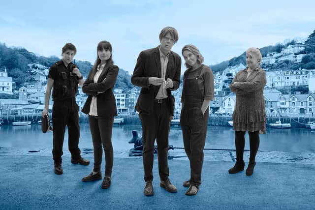 Dylan Llewellyn as PC Kelby Hartford, Zahra Ahmadi as DS Esther Williams, Kris Marshal as Humphrey Goodman, Sally Bretton as Martha Lloyd, and Felicity Montagu as Margo Martins in Beyond Paradise, stood around the Shipton Abbott harbour. They’re in black and white, with a light blue filter over the background (Credit: BBC / Red Planet Pictures / Todd Anthony / NationalWorld Graphics)