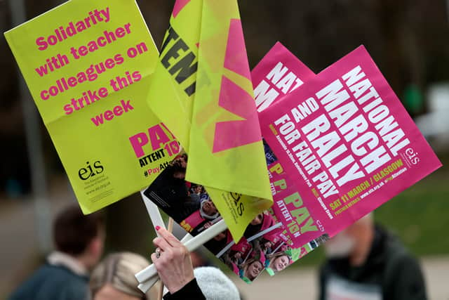 Striking teachers hold a rally outside Langside Hall as they begin a two-day strike action as their pay dispute continues on February 28, 2023 in Glasgow, Scotland.