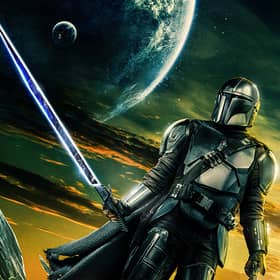 A promotional image for The Mandalorian S3, depicting Pedro Pascal as Din Djarin in front of a yellow and green sky (Credit: Disney+)