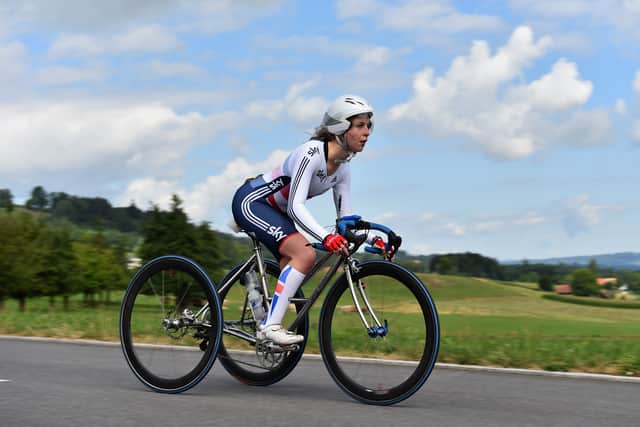 Hannah Dines of Great Britain in action in the WT2 Time Trial during the Switzerland UCI Para-Cycling Road World Championship in 2015. Image: Getty 