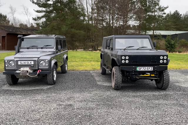 Munro EV, pictured beside a mid-teens Land Rover Defender at Gleneagles Estate