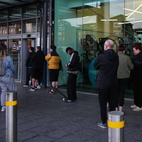 Shoppers queue up at Aldi in Ancoats, Manchester today to buy the new flavours of the viral energy drink Prime, which is limited to one flavour per customer (SWNS)