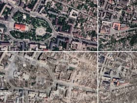 Satellite imagery shows the once flourishing city turned into a wasteland, with landmark buildings reduced to rubble.