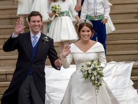 WINDSOR, ENGLAND - OCTOBER 12: Princess Eugenie and Jack Brooksbank leave St George's Chapel in Windsor Castle following their wedding on October 12, 2018 in Windsor, England. (Photo by Steve Parsons - WPA Pool/Getty Images)