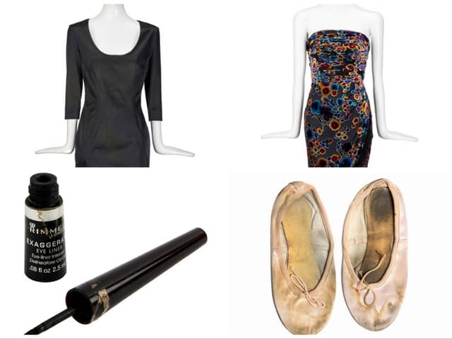 The collection of fifty pieces includes items synonymous with Amy Winehouse’s iconic style, including worn pink satin ballet slippers and black eyeliner.