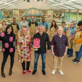 Contestants from the 12th series of The Great British Bake Off pose with judges Paul Hollywood and Prue Leith anf hosts Matt Lucas and Noel Fielding. (credit: Channel 4)