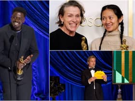 Daniel Kaluuya (left) won the Best Supporting Actor category; Chloé Zhao and Frances McDormand (top right) celebrate their wins for Nomadland; Brad Pitt announces the Best Supporting Actress winner (Photos: Getty Images)