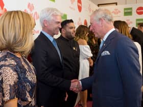 Phillip Schofield speaks to Prince Charles, now King Charles III, at The Prince’s Trust Awards at The London Palladium on March 6, 2018.