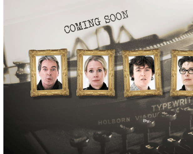 Julian Clary, Lucy Beaumont, Sam Campbell, Sue Perkins, and Susan Wokoma, pictured in golden frames ahead of appearing in Taskmaster (Credit: Channel 4/Avalon)
