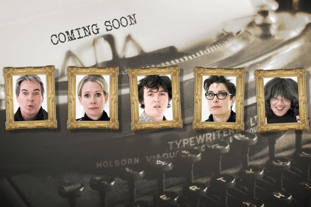 Julian Clary, Lucy Beaumont, Sam Campbell, Sue Perkins, and Susan Wokoma, pictured in golden frames ahead of appearing in Taskmaster (Credit: Channel 4/Avalon)