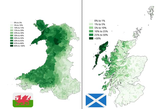 A side-by-side illustration of Welsh speakers in the 2011 Census (Left) and Scots Gaelic speakers in the same year (Right).