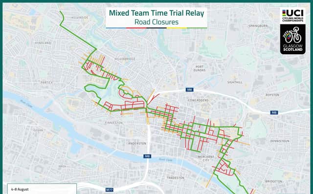 The road closures which will affect Glasgow city centre during the UCI Cycling World Championships Mixed Team Time Trial.