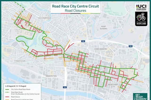 The road closures which will affect Glasgow city centre during the UCI Cycling World Championships Road Race.