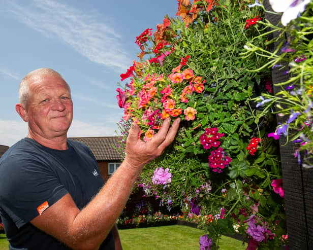 Shaun Schroeder, 59, plants around 140 hanging baskets and fence planters each year. 