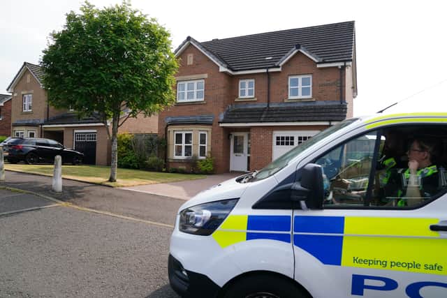 A police patrol passes the home of former first minister of Scotland Nicola Sturgeon in Uddingtson, Glasgow, after she was arrested in the police investigation into the SNP’s finances. Police Scotland said she is in custody and is being questioned by detectives. The former first minister’s arrest comes after her husband Peter Murrell was arrested in April.