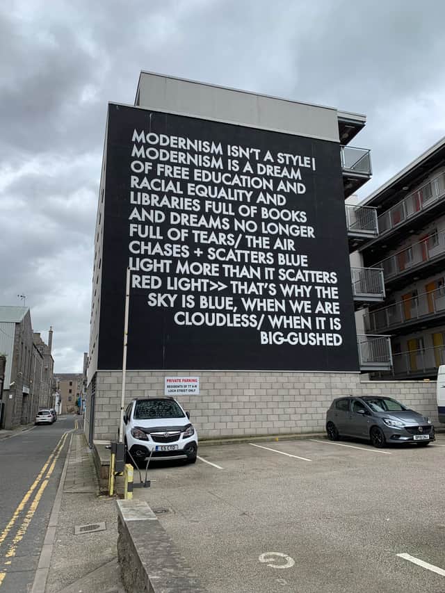 Robert Montgomery’s bold work which was installed as part of Nuart Aberdeen’s first year in 2017. The Scottish artist has been described as a vandal, a street artist, a post-Situationist, a punk artist and the “poet’s Banksy” and his Nuart project was created with former US President Donald Trump in mind.