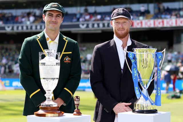 Pat Cummins of Australia and Ben Stokes of England poses for a photo with the The Ashes urn and series trophies prior toDay One of the LV= Insurance Ashes 1st Test match between England and Australia at Edgbaston.