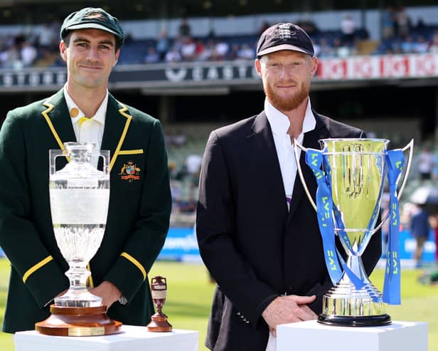 Pat Cummins of Australia and Ben Stokes of England poses for a photo with the The Ashes urn and series trophies prior toDay One of the LV= Insurance Ashes 1st Test match between England and Australia at Edgbaston.