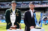 Pat Cummins of Australia and Ben Stokes of England poses for a photo with the The Ashes urn and series trophies prior toDay One of the LV= Insurance Ashes 1st Test match between England and Australia at Edgbaston.