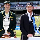 Pat Cummins of Australia and Ben Stokes of England poses for a photo with the The Ashes urn and series trophies prior toDay One of the LV= Insurance Ashes 1st Test match between England and Australia at Edgbaston.