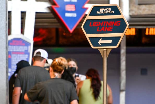 Lightning Lane sign at Space Mountain in Tomorrowland at Disneyland in Anaheim, CA, on Wednesday, August 10, 2022. (Photo by Jeff Gritchen/MediaNews Group/Orange County Register via Getty Images)