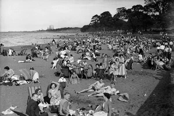 Holidaymakers at Cramond beach, in Edinburgh, in 1955.