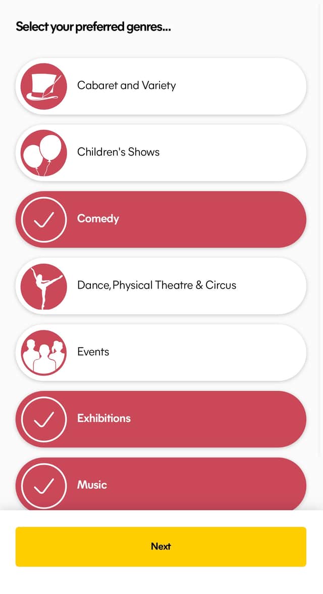 The Edfringe app allows users to personalise their suggestions. Image: Edinburgh Festival Fringe/Apple App Store/Equ