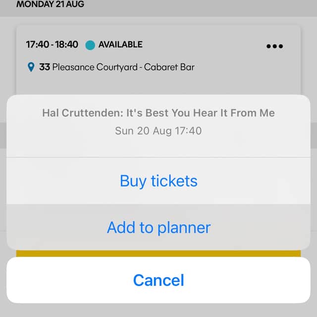 You can book tickets or add them to your Edfringe planner on the app. Image: Edinburgh Festival Fringe/Apple App Store/Equ