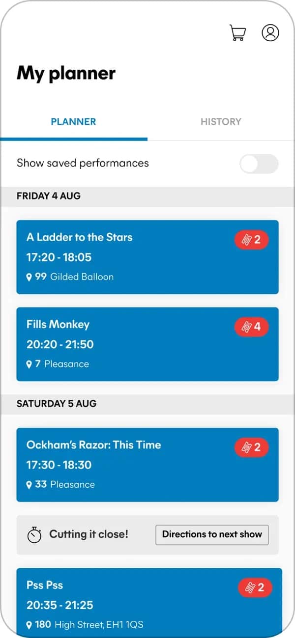 The Edfringe 2023 app features a planner which will notify you when your next show is about to begin. Image: Edinburgh Festival Fringe/Equ/Apple App Store