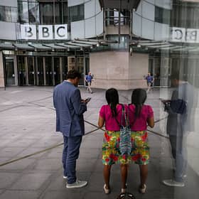 LONDON, ENGLAND - JULY 10: A general view of the front of BBC Broadcasting House on July 10, 2023 in London, England. Last week, the Sun newspaper published allegations that a BBC presenter had paid tens of thousands of pounds to a teenager in exchange for explicit photos. The broadcaster has said that a male presenter has been suspended while it conducts an investigation. (Photo by Leon Neal/Getty Images)