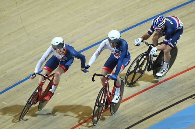 Britain's cycling team relay during the men's Madison final during the 2018 UCI Track Cycling World Championships in Apeldoorn. Image: EMMANUEL DUNAND/AFP via Getty Images