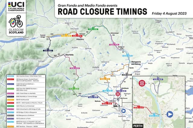 The updated road closure timings for the UCI Cycling World Championships Gran Fondo event on August 4. 