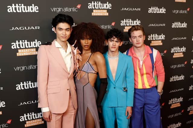 The stars of Heartstopper, from left, William Gao, Yasmin Finney, Joe Locke and Kit Connor attending the Attitude Awards 2022. Image: John Phillips/Getty Images