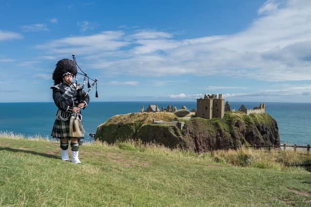 Dunnottar Castle rests on a rocky outcrop along the Aberdeenshire Coastal Trail. The structure is rich in history and is notably the site where King Donald II was killed by Viking invaders.